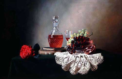 Painting Code#3287-Still Life with Wine, Rose and Grapes on a Table