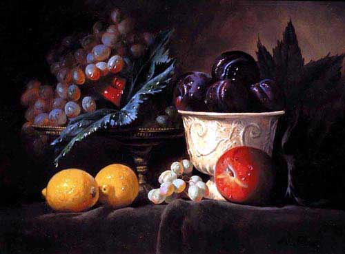 Painting Code#3298-Fruit Still Life with Grapes, Plums and Lemons