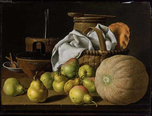 Painting Code#3309-Melendez, Louis(Spain) - Still Life with Melon and Pears