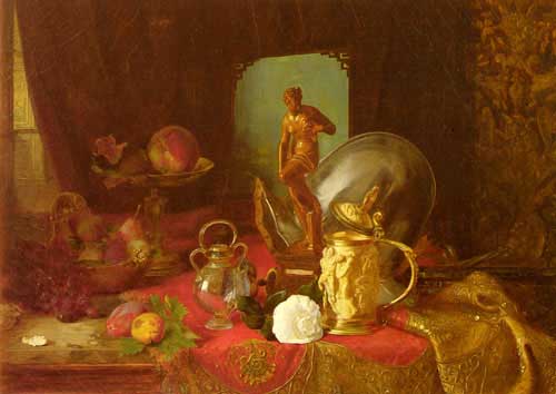 Painting Code#3327-Desgoffe, Blaise Alexandre(France): A Still Life with Fruit, Objets d&#039;Art and a White Rose on a Table