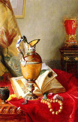 Painting Code#3329-Desgoffe, Blaise Alexandre(France): A Still Life With Urns And Illuminated Manuscript On A Draped Table