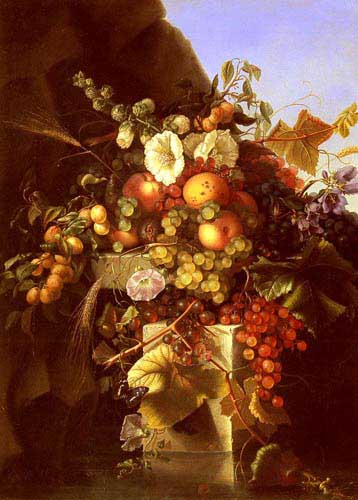 Painting Code#3332-Dietrich, Adelheid(USA): Still Life With Grapes, Peaches, Flowers And A Butterfly
