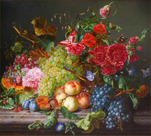 Painting Code#3347-Amalie Kaercher - Still Life of Fruit and Flowers on a Marble Ledge