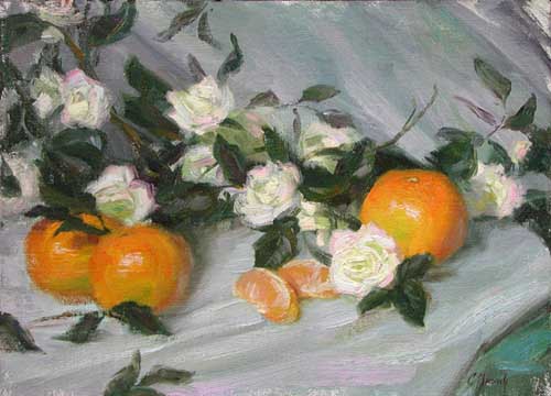 Painting Code#3351-Charles Muench: White Roses and Tangerines