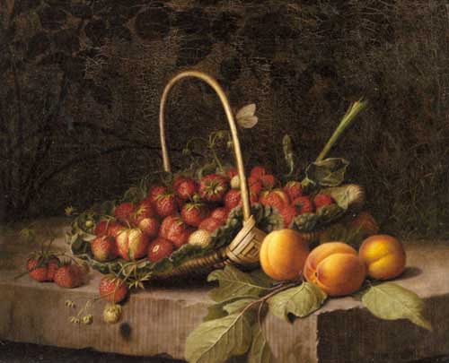 Painting Code#3360-Hammer, William(Denmark): A Basket of Strawberries and Peaches on a Stone Ledge