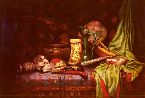 Painting Code#3365-Hedou, Jules-Paul-Ernst(France): Still life of Japanese Exotica