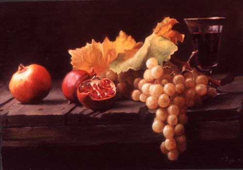Painting Code#3367-Hyde, Maureen(USA): Still Life with Grapes and Pomegranates