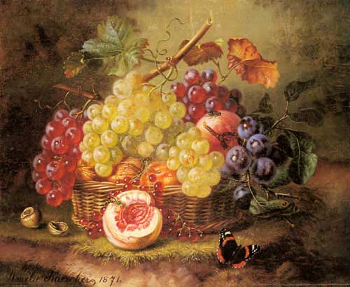 Painting Code#3370-Kaercher, Amalie(Germany): A Still Life with Grapes, Peaches and a Butterfly on a Mossy Bank