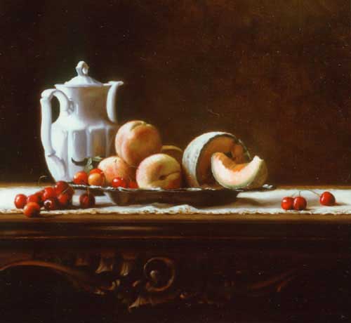 Painting Code#3382-Hyde, Maureen(USA): Still Life with Cherries, Peaches, and Melon