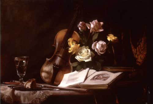 Painting Code#3387-Hyde, Maureen(USA): Still Life with Violin and Roses