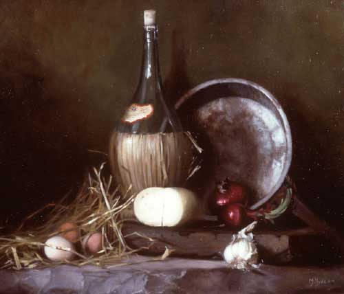 Painting Code#3388-Hyde, Maureen(USA): Still Life with Wine Flask, Eggs and Cheese