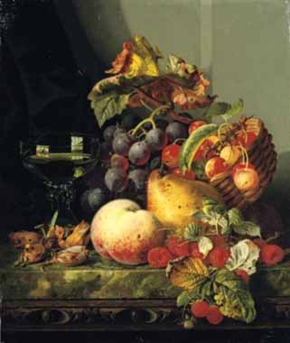 Painting Code#3394-Ladell, Edward - Still Life with Cobnuts and black Grapes in a Basket of Cherries