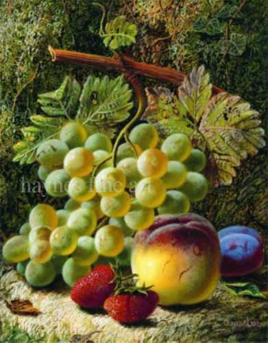 Painting Code#3395-Oliver Clare - Still Life of Grapes, Strawberry and Plum