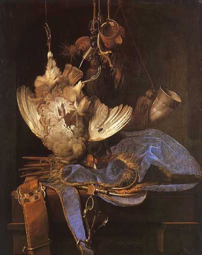 Painting Code#3396-Aelst, Willem van: Still Life with Hunting Equipment