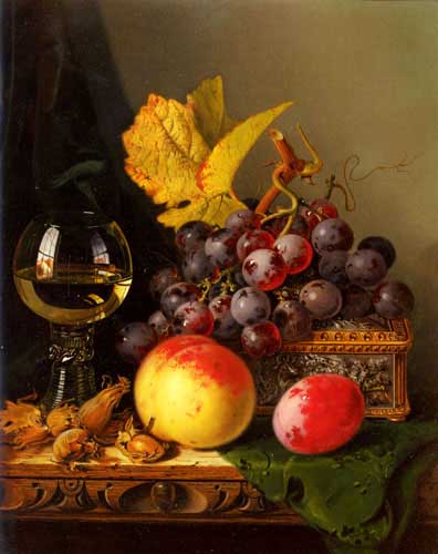 Painting Code#3403-Ladell, Edward: A Still Life of Black Grapes, a Peach, a Plum, Hazelnuts, a Metal Casket and a Wine Glass on a Carved Wooden Ledge