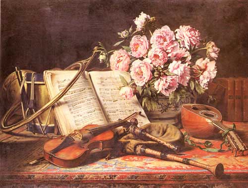 Painting Code#3409-Loyeux, Charles Antoine Joseph(France): A Musical Still Life