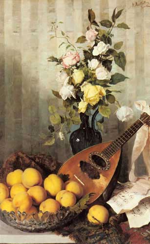 Painting Code#3410-Martinetti, Angelo(Italy): A Still Life with a Vase of Roses, a Bowl of Peaches and a Mandolin