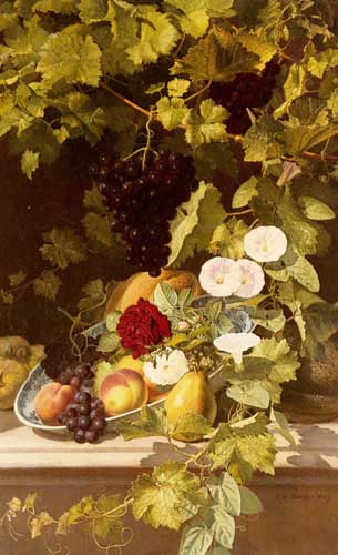 Painting Code#3418-Ottesen, Otto Didrik(Denmark): A Still Life With Fruit, Flowers And A Vase