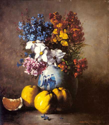 Painting Code#3422-Ribot, Germaine Theodore: A Still Life With A Vase Of Flowers And Fruit 