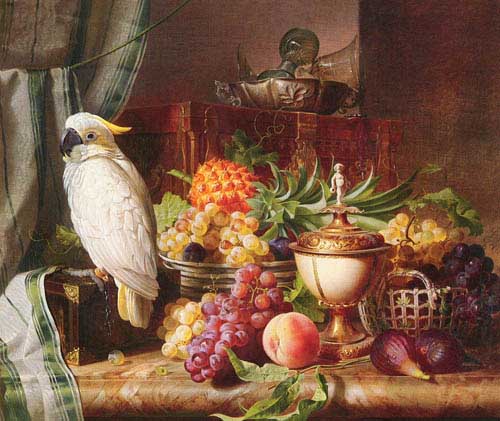 Painting Code#3428-Schuster, Josef(Austria): Still Life With Fruit and a Cockatoo