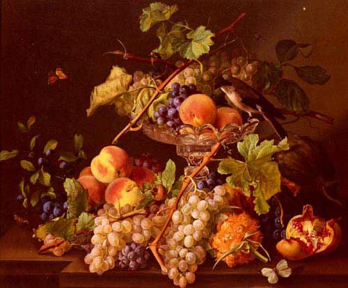 Painting Code#3429-Seboth, Josef(Austria): A Still Life With Song Bird And Fruit In A Crystal Tazza