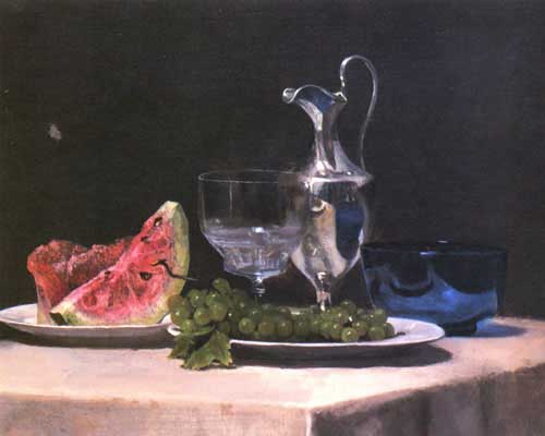 Painting Code#3434-LaFarge, John(USA): Still life study of silver, glass and fruit