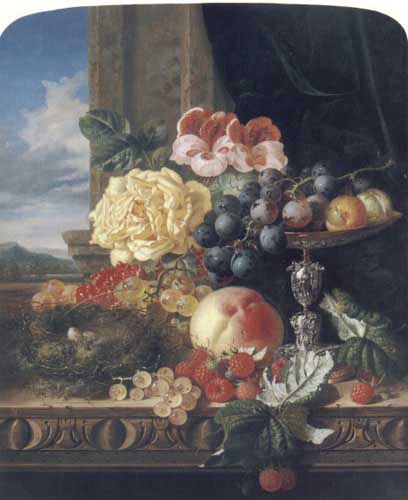 Painting Code#3435-Ladell, Edward: Still Life with Fruit, Flowers and a Bird&#039;s Nest