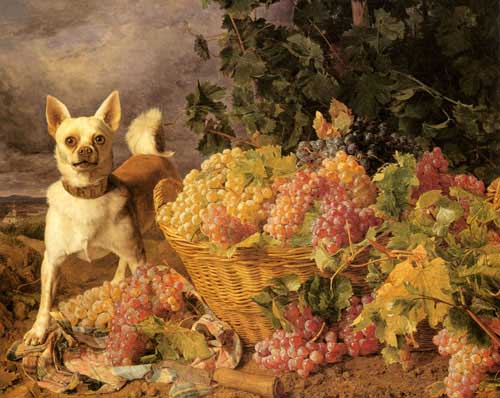 Painting Code#3438-Waldmuller, Ferdinand Georg(Austria): A Dog By A basket Of Grapes In A Landscape