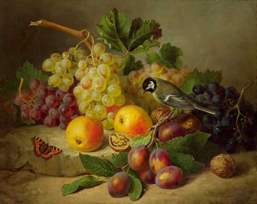 Painting Code#3456-Josef Lauer - Still Life with Fruit Great Tit and Butterfly