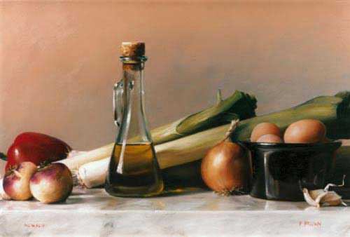 Painting Code#3464-Paul S. Brown: Still Life with Leeks and Olive Oil
