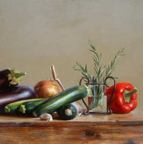 Painting Code#3479-Paul S. Brown: Still Life with Zucchini and Red Pepper
