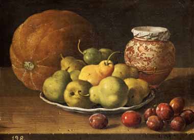 Painting Code#3484-Melendez, Louis(Spain) - Pears on a Plate, a Melon, Plums, and a Decorated Manises Jar
