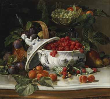 Painting Code#3485-Sophus Pedersen - Plums, Grapes and Raspberries in a Porcelain Tureen