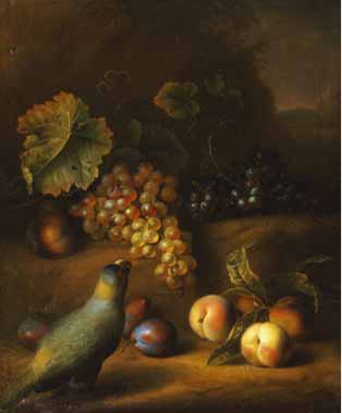 Painting Code#3495-Tobias Stranover - A Parrot with Grapes, Peaches and Plums in a Landscape