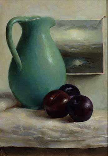 Painting Code#3506-Still Life with Plums and Green Pot