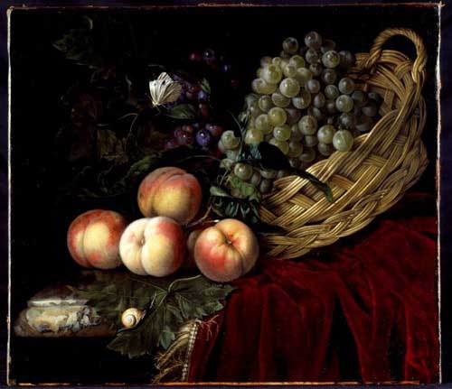 Painting Code#3519-Aelst, Willem van - Still Life with Peaches and Grapes in a Basket