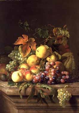 Painting Code#3541-Jakab Bogdany - A Still Life of Melons, Grapes and Peaches on a Ledge