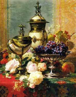 Painting Code#3545-Robie, Jean-Baptiste(Belgium) - A Still Life with Roses, Grapes and A Silver Inlaid Nautilus Shell
