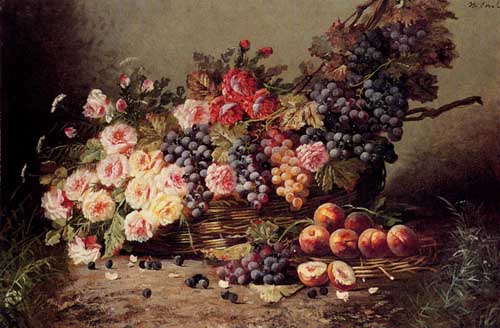 Painting Code#3549-Carlier, Modeste - Still Life with Grapes, Peaches and Roses