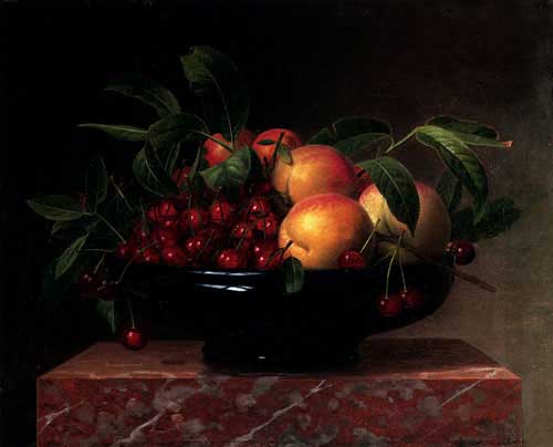 Painting Code#3556-Hammer, William(Denmark): Peaches And Cherries In A Bowl On A Marble Ledge
