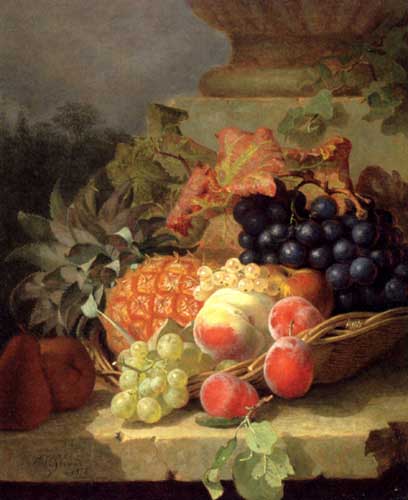 Painting Code#3557-Stannard, Eloise Harriet: Peaches, Grapes And A Pineapple In A Basket, On A Stone Ledge