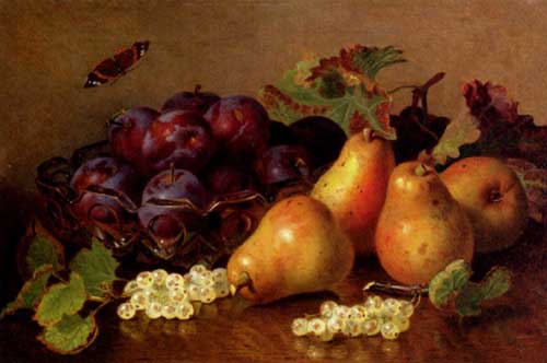 Painting Code#3559-Stannard, Eloise Harriet: Still Life With Pears, Plums In A Glass BowlAnd White Currants On A Table