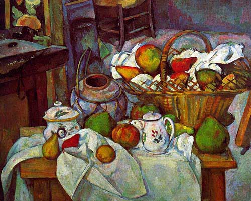 Painting Code#3565-Cezanne, Paul: Vessels, Basket and Fruit  
(The Kitchen Table)