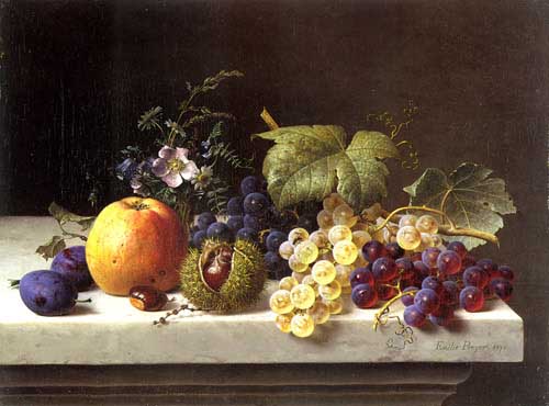 Painting Code#3573-Preyer, Emilie(Germany): Grapes Plums Etc. On A Marble Ledge