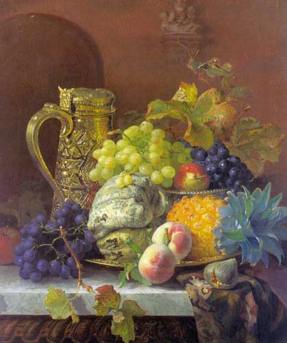Painting Code#3574-Stannard, Eloise Harriet: Fruits on a tray with a silver flagon on a marble ledge