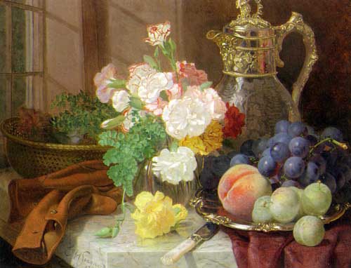Painting Code#3575-Stannard, Eloise Harriet: Carnations in a glass vase on a draped marble ledge 
