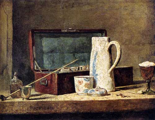 Painting Code#3588-Chardin, Jean-Baptiste-Simeon: Pipes and Drinking Pitcher