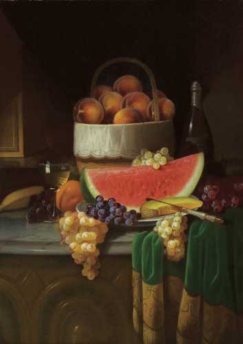 Painting Code#3590-Carducius P. Ream: Fruit and Wine on a Marble Tabletop