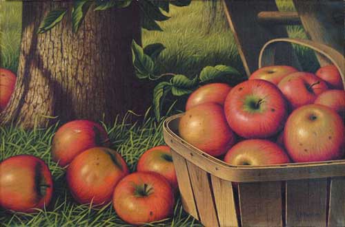 Painting Code#3594-Prentice, Levi Wells(USA): Still Life with Apples, Ladder and Tree 