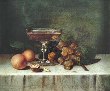 Painting Code#3595-Joseph Wilms(French): Still Life with Champagne, Fruit, and Nuts